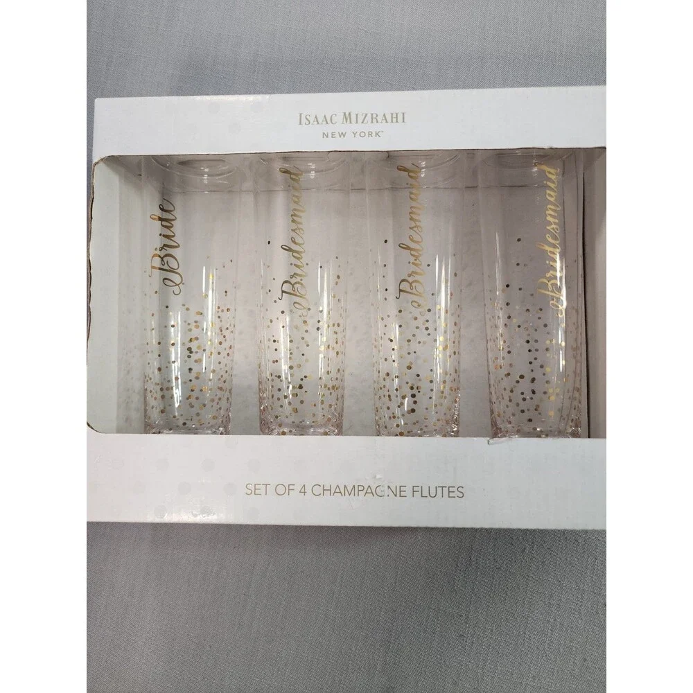 Isaac Mizrahi New York Set of 4 “Bride” Champagne Flutes Gold Confetti...